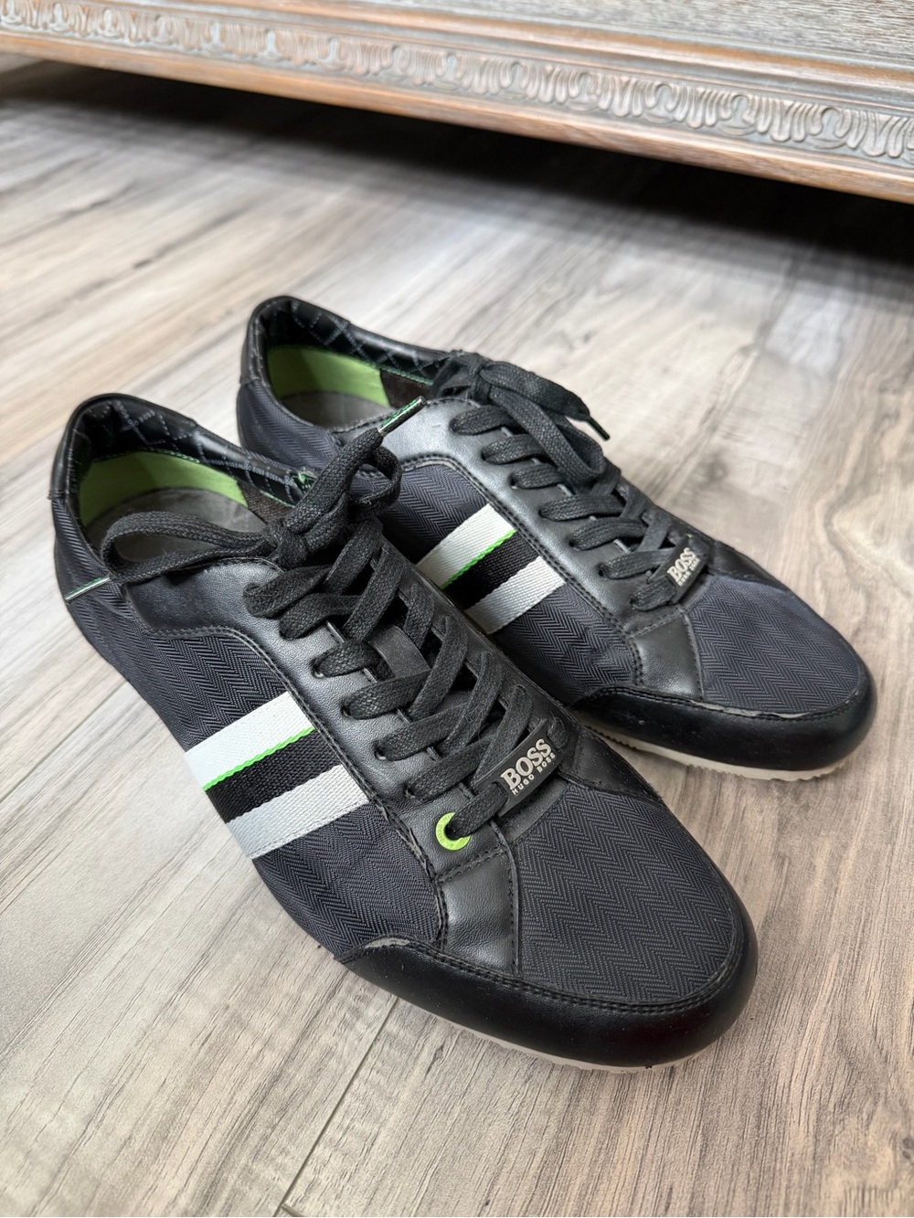 Hugo BOSS Men’s Black Sneakers with White & Green Stripe